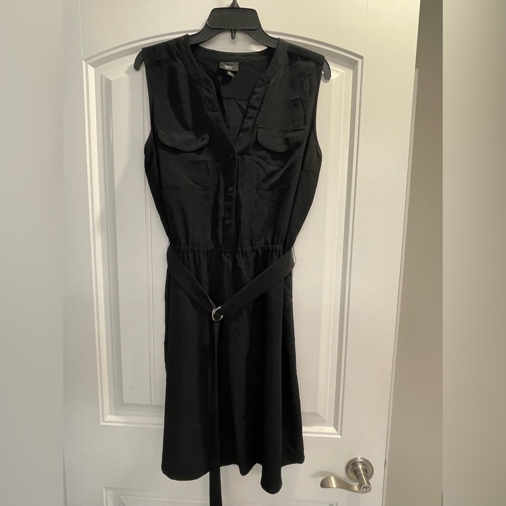 Black Button Down Sleeveless Shirt Dress, Chest Pockets tie waist size large